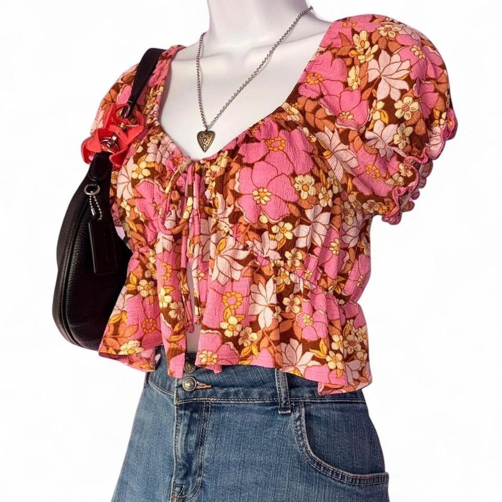 Boho Floral Puff Sleeve Crop Top